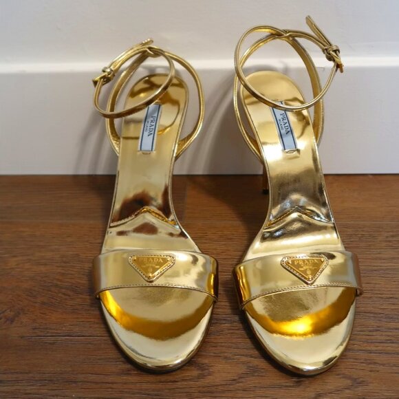 PRADA SHOES - Metallic Gold Leather Heels Sandals (38.5) - Worn Once - Picture 1 of 5